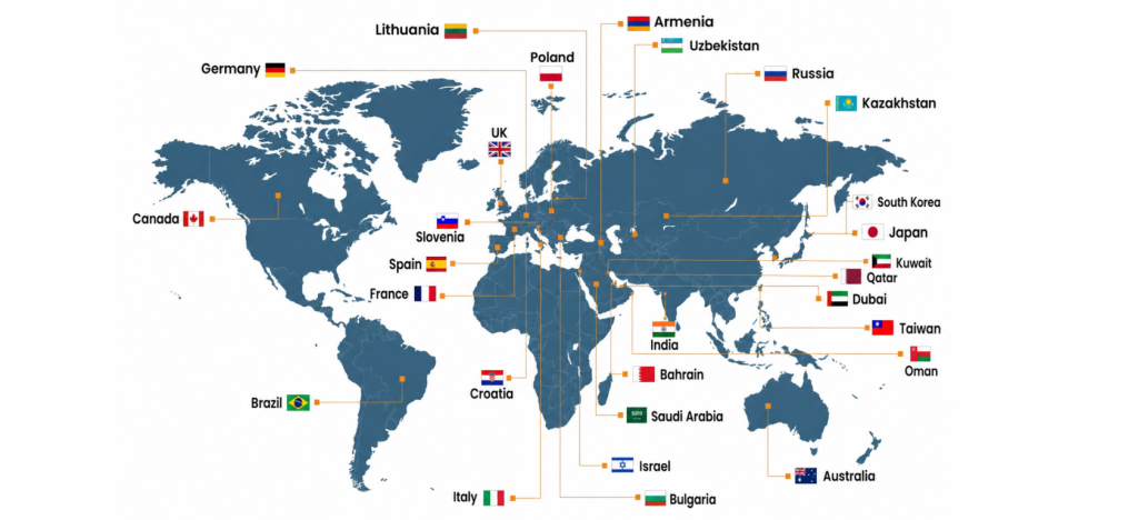 World map with country labels and flags marking participating countries around the globe eg UK Germany IndiaOrbiting lines connect country names to their locations on the map