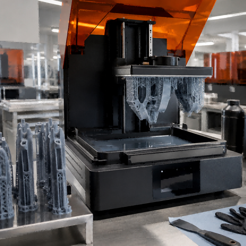 Industrial 3D printer with an orange protective cover printing a lattice part.