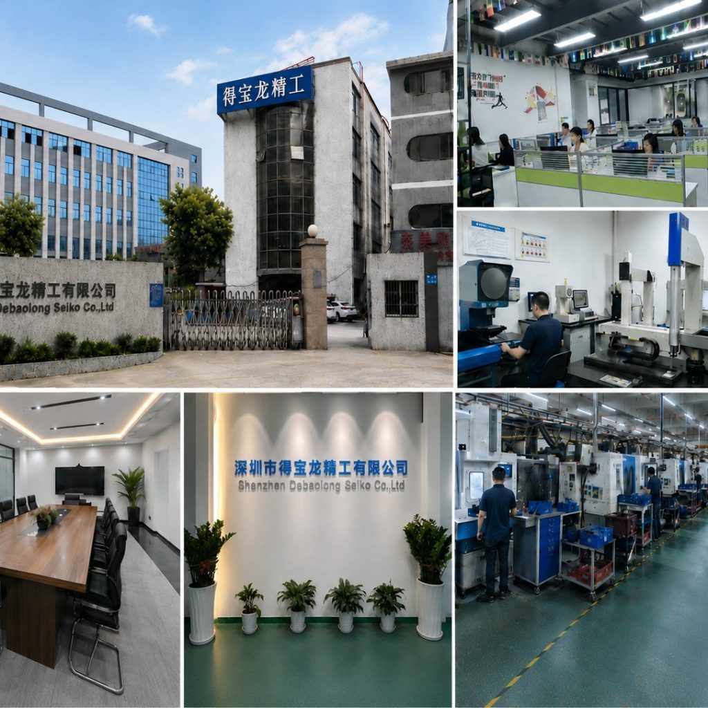 collage showing Shenzhen Debaolong Seiko Co Ltd facilities exterior gate and building office interiors and factory machinery on the shop floor