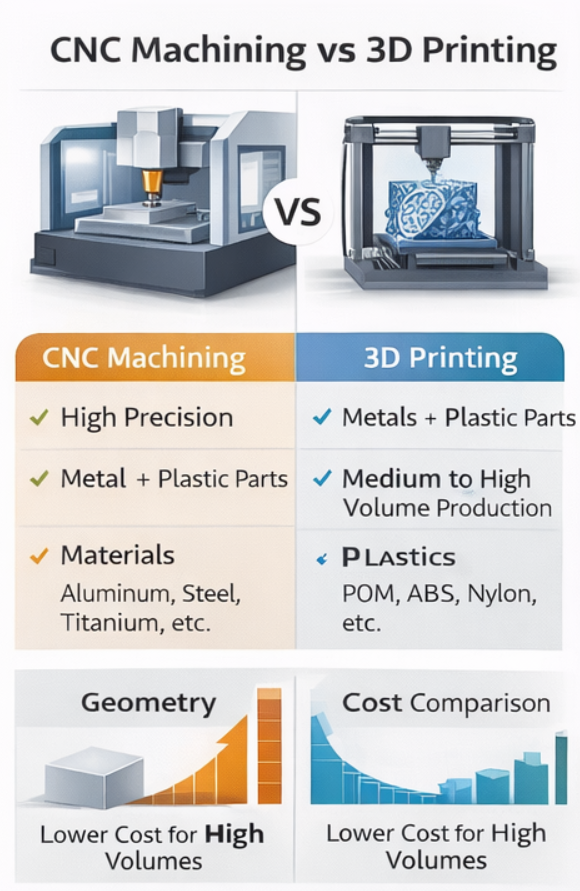 CNC Machining vs 3D Printing Overview Diagram