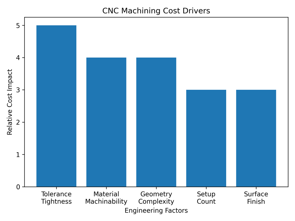 Key engineering factors that influence CNC machining cost include tolerance requirements material machinability part geometry complexity number of setups and surface finish specifications