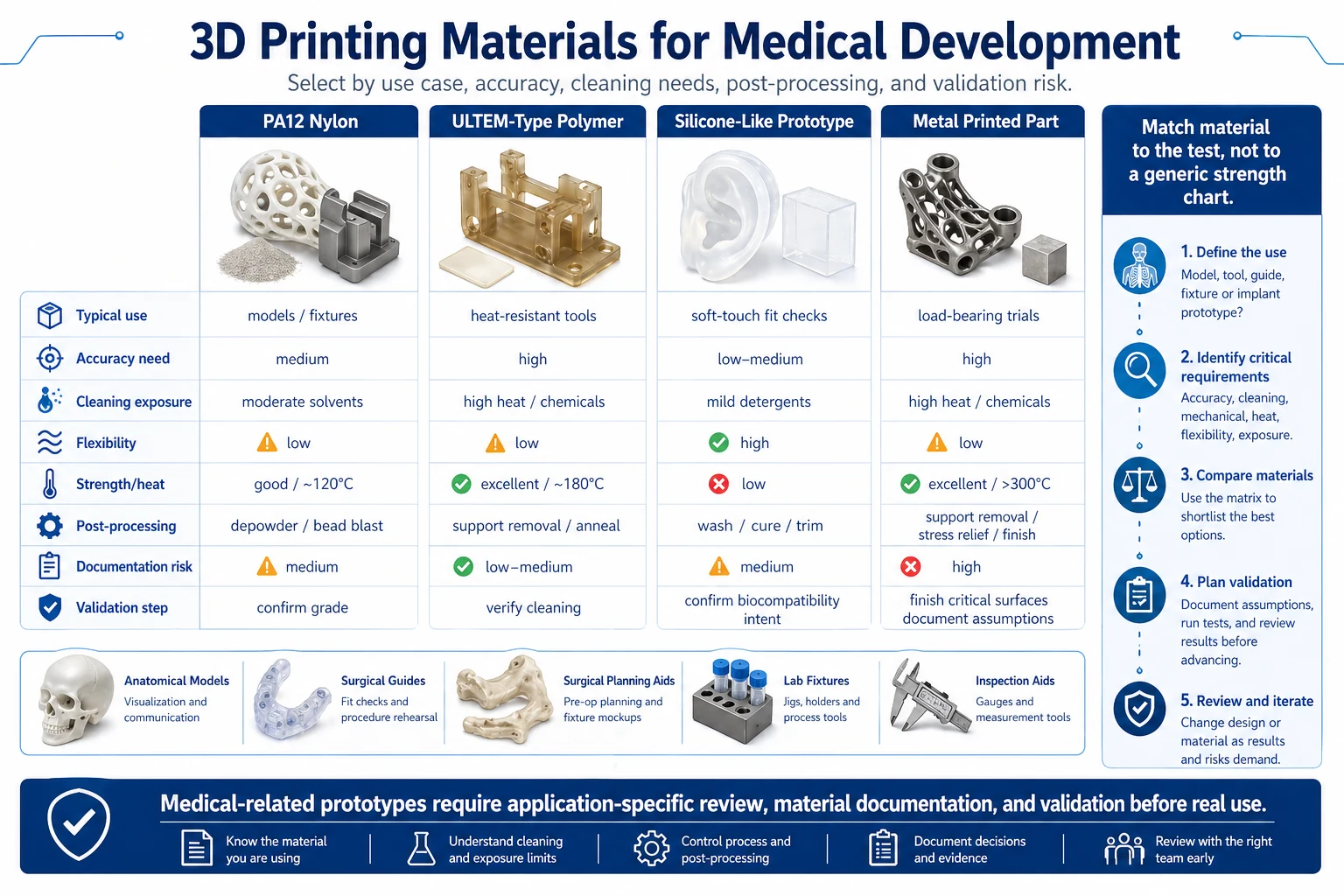 3D printing materials selection infographic for medical-related development comparing PA12 nylon, ULTEM-type polymer, silicone-like prototypes, and metal printed parts by use case, accuracy, cleaning exposure, post-processing, documentation, and validation risk.