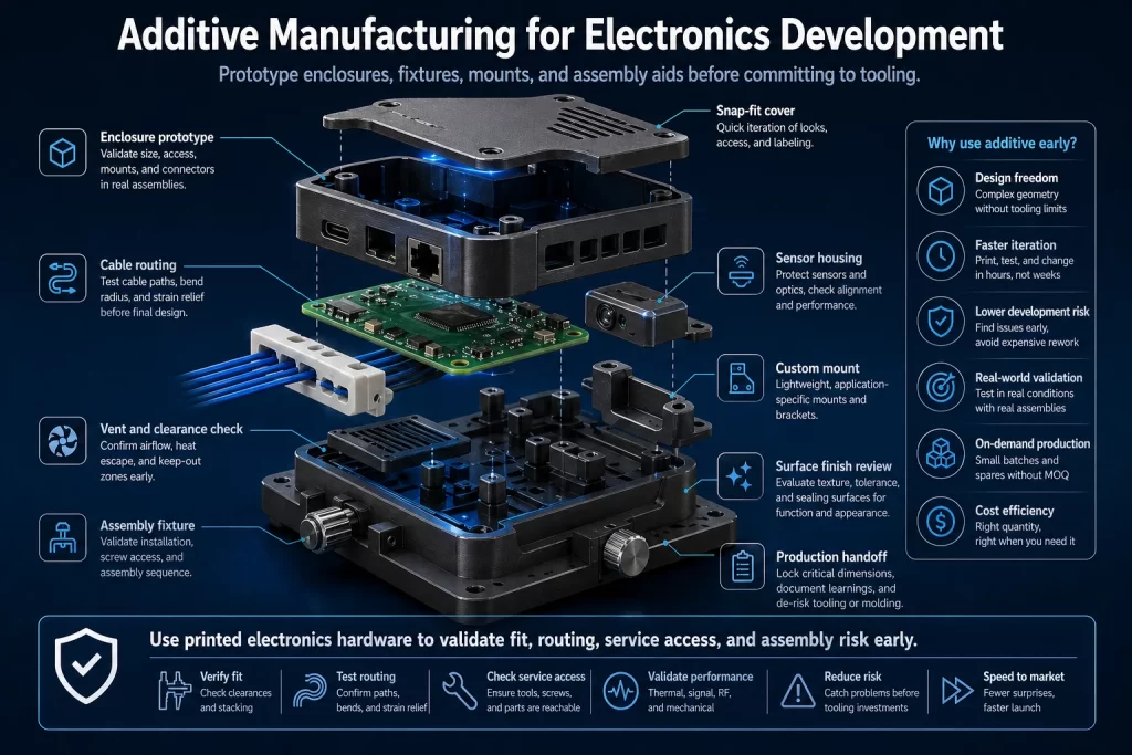 Exploded view infographic of a modular electronics enclosure with labeled parts enclosure prototype cable routing vent sensor housing showing assembly steps before tooling