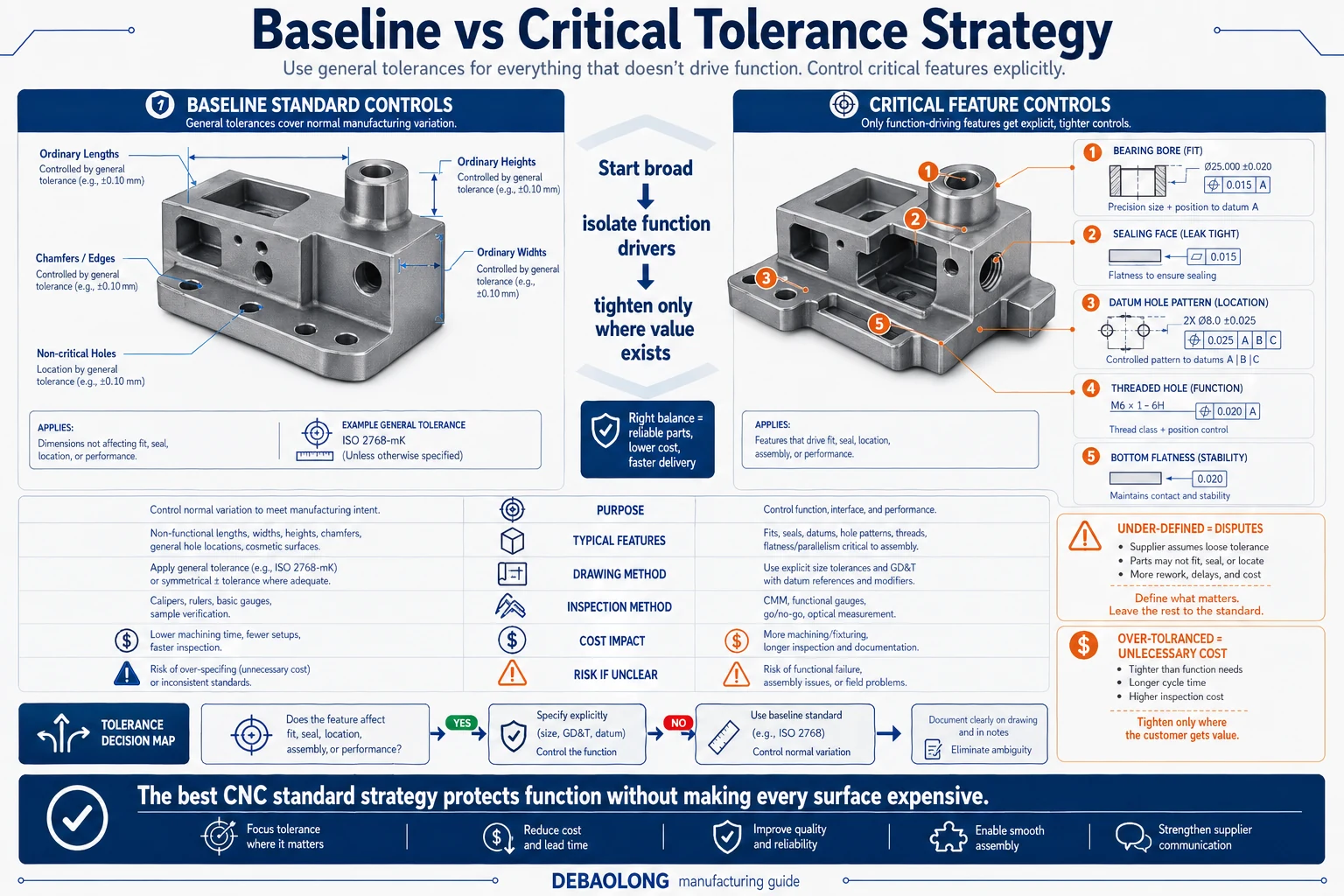 Baseline versus critical tolerance strategy infographic for CNC standards showing standard tolerance zones, critical fit surfaces, inspection burden, and cost control.