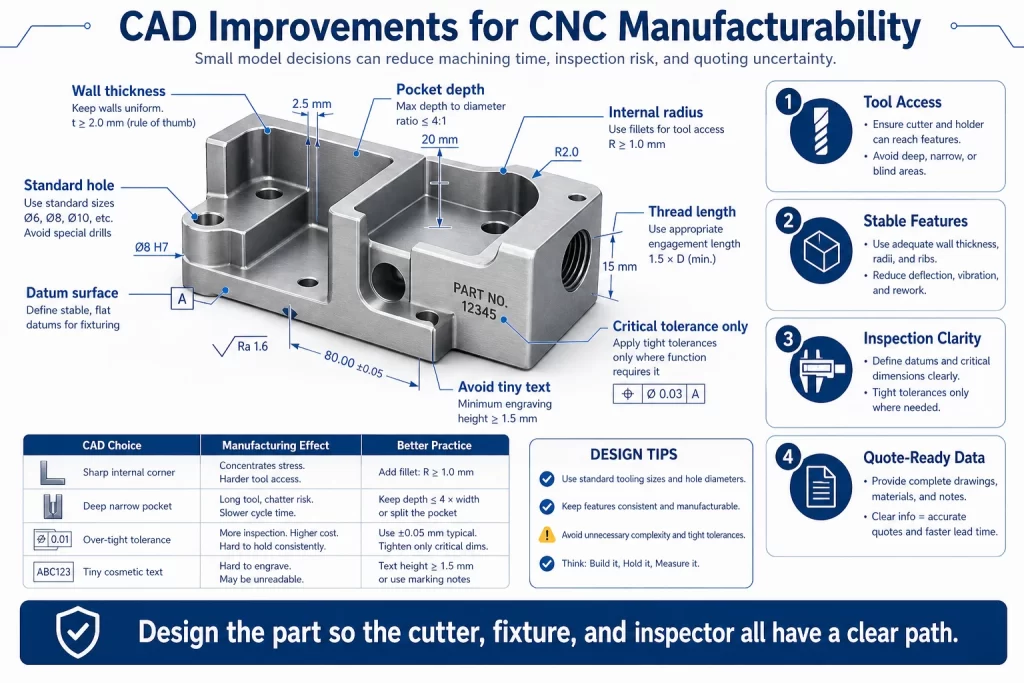 CNC manufacturability diagram showing CAD improvements for wall thickness pocket depth internal radius standard holes thread length datum surfaces critical tolerances and quote ready drawings