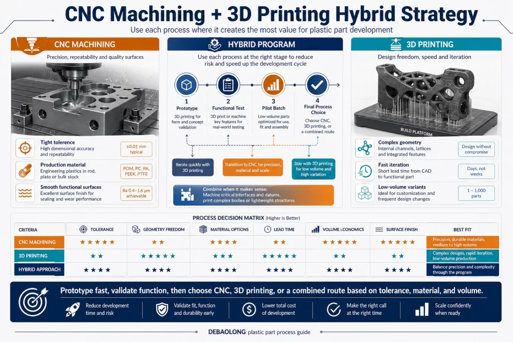 CNC machining and 3D printing hybrid strategy infographic comparing tolerance geometry freedom material evidence prototype speed validation needs and production planning for plastic parts