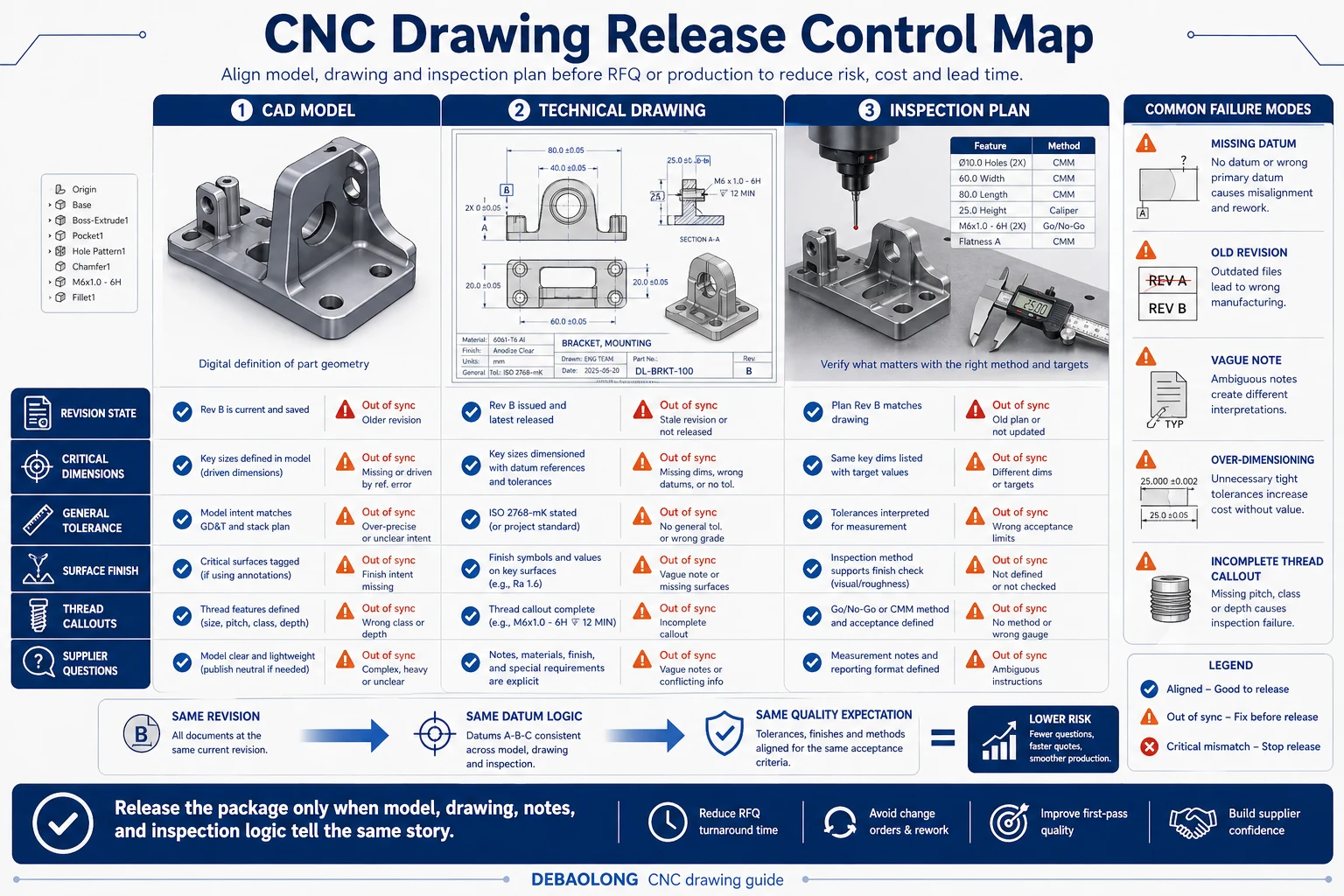 CNC drawing release control map comparing CAD model, technical drawing, supplier review, tolerance control, inspection method, and production release readiness.