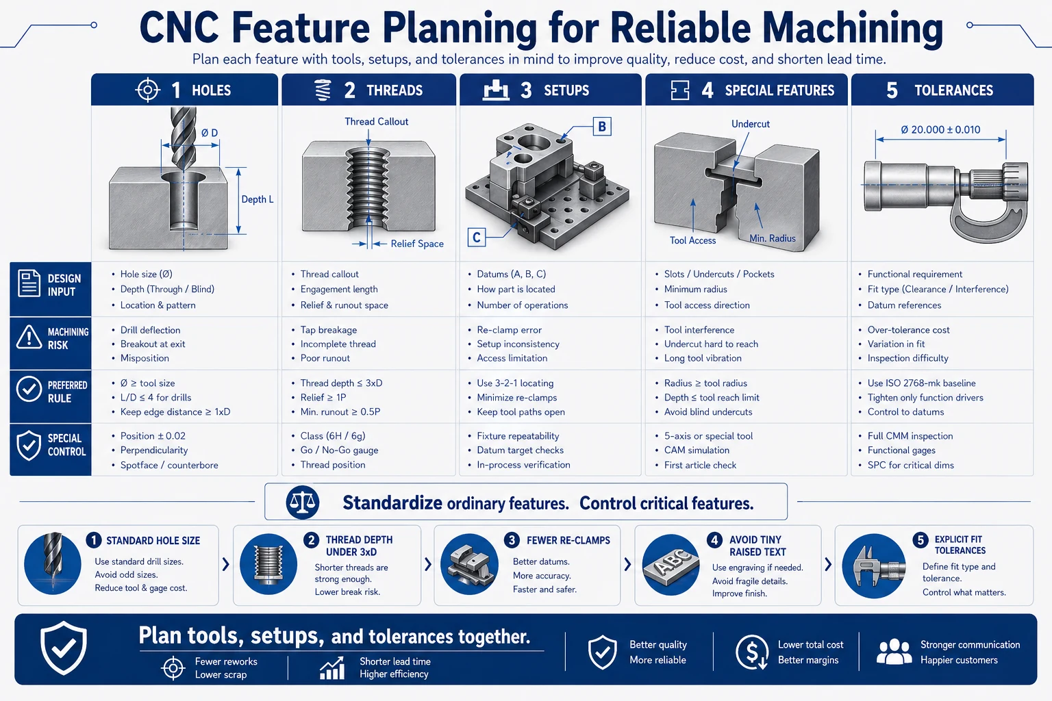 CNC feature planning infographic for reliable machining showing holes, threads, setups, special features, tolerances, tool access, thread depth, fixture datums, and inspection control.