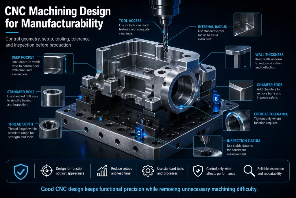 CNC machining design for manufacturability render showing tool access internal radius wall thickness deep pocket standard hole thread depth chamfer edge critical tolerance and inspection datum