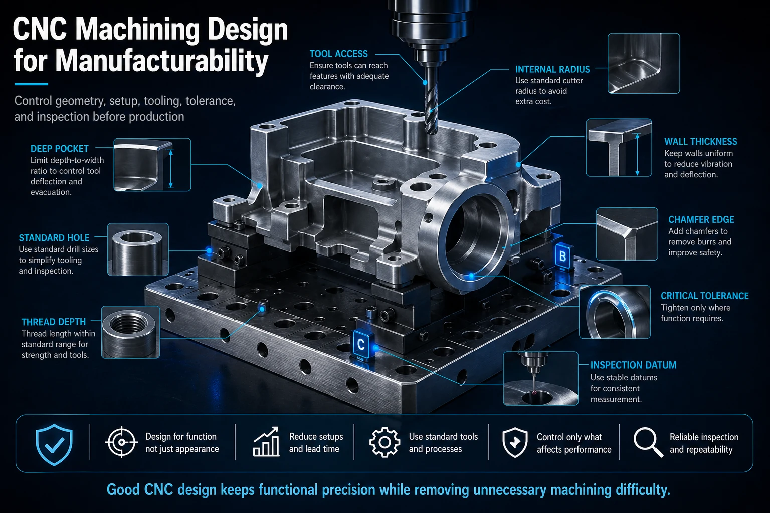 CNC machining design for manufacturability render showing tool access, internal radius, wall thickness, deep pocket, standard hole, thread depth, chamfer edge, critical tolerance, and inspection datum.