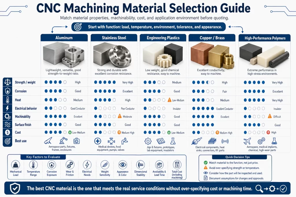 CNC machining material selection guide comparing aluminum stainless steel engineering plastics copper and brass and high performance polymers by strength corrosion heat electrical behavior machinability finish cost and application fit