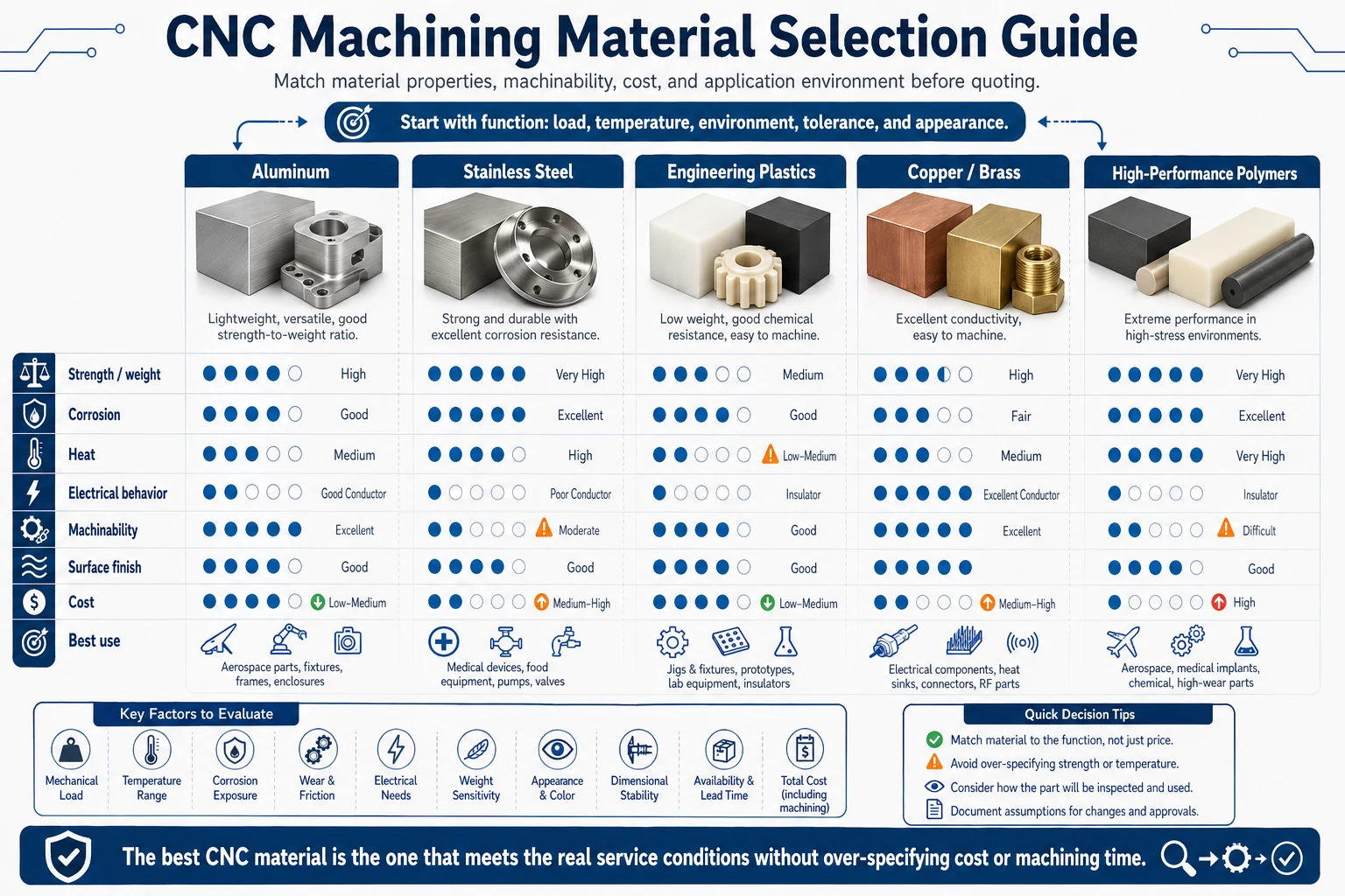 CNC machining material selection guide comparing aluminum, stainless steel, engineering plastics, copper and brass, and high-performance polymers by strength, corrosion, heat, electrical behavior, machinability, finish, cost, and application fit.