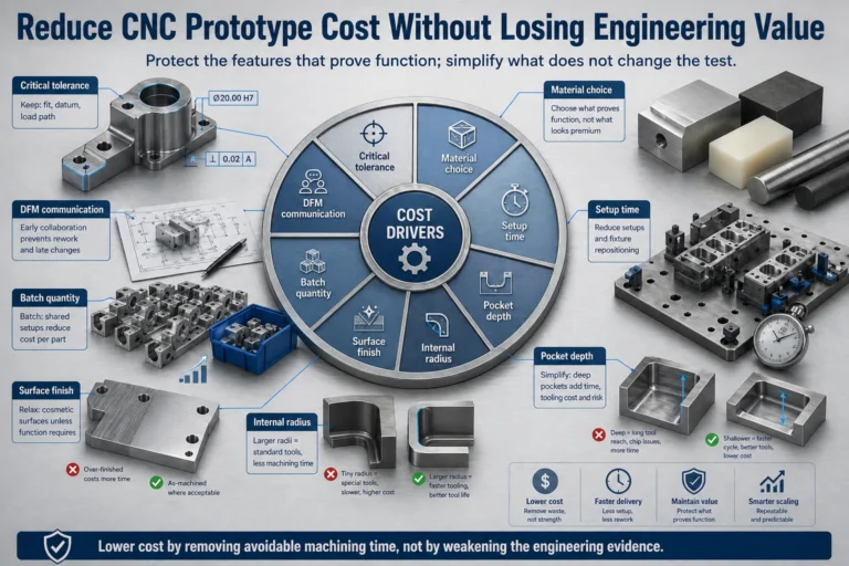 CNC prototype cost driver infographic showing critical tolerance, material choice, setup time, pocket depth, internal radius, surface finish, batch quantity, and DFM communication.