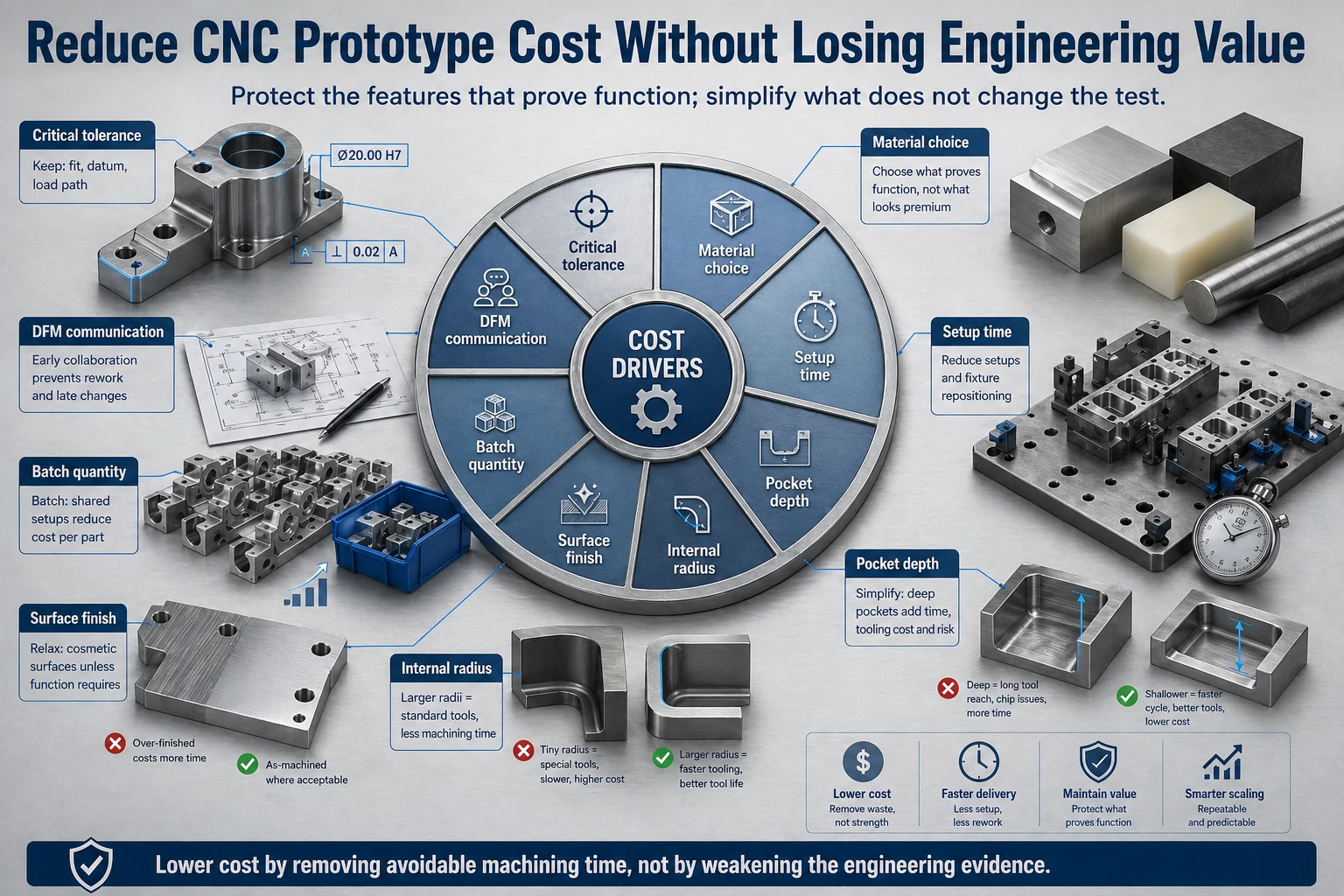 CNC prototype cost driver infographic showing critical tolerance, material choice, setup time, pocket depth, internal radius, surface finish, batch quantity, and DFM communication.