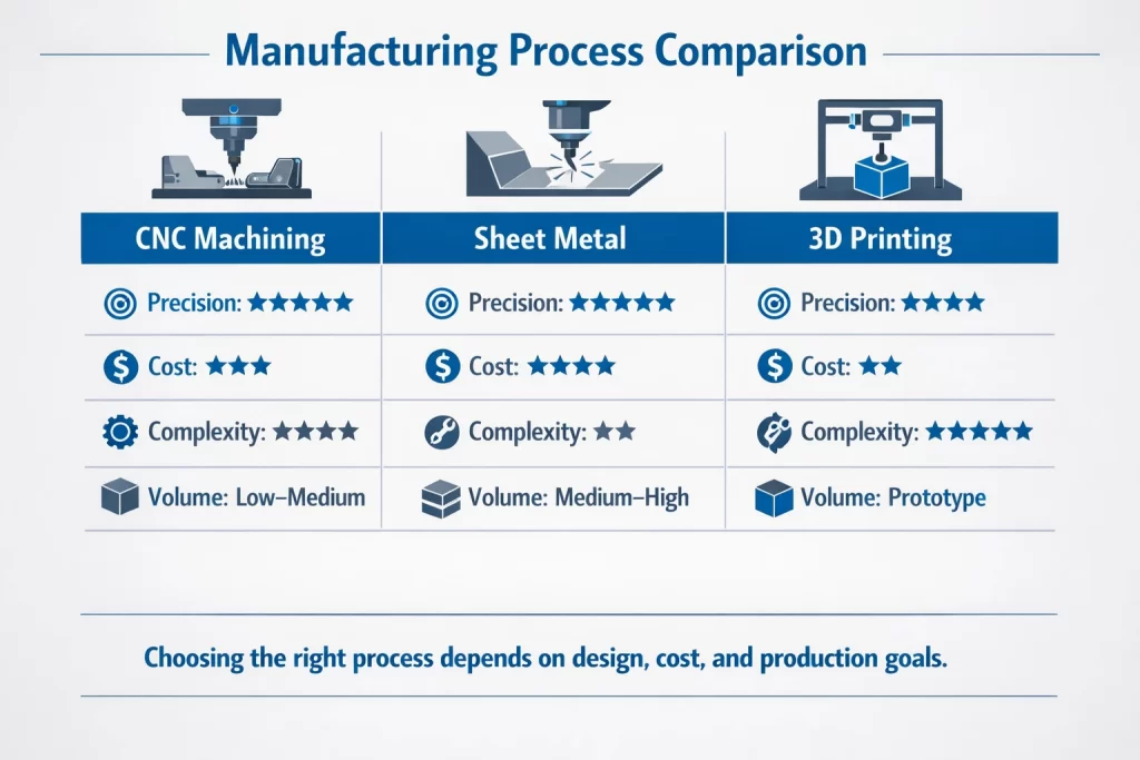 Manufacturing process comparison infographic comparing CNC machining, sheet metal fabrication, and 3D printing by precision, cost, complexity, production volume, and process selection goals.