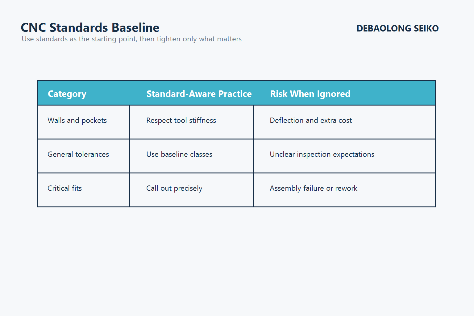 CNC standards baseline table for geometry, tolerances and risk.