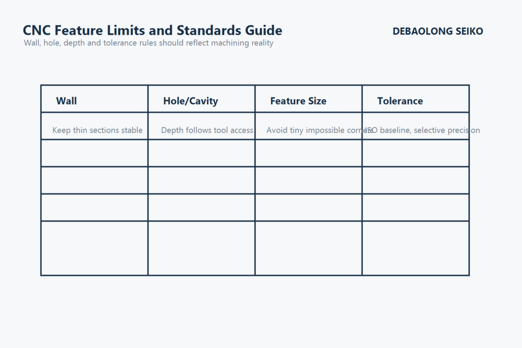Engineering standards visual for CNC feature limits and tolerances