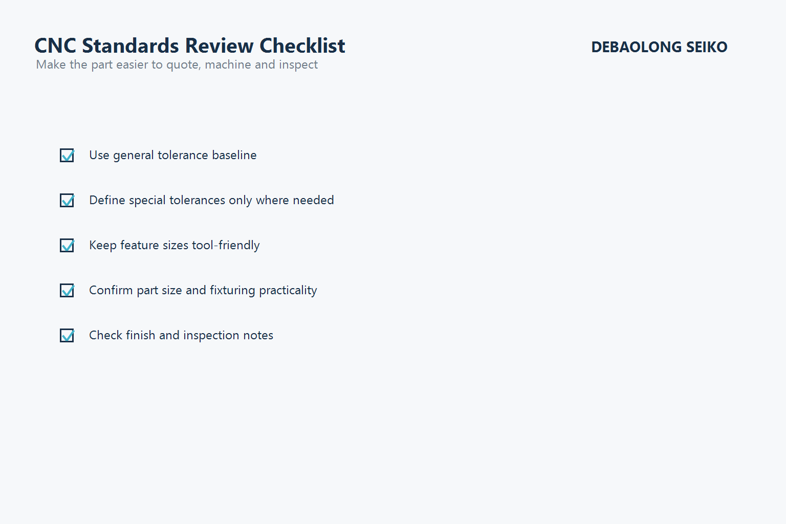 CNC standards review checklist for quoting, machining and inspection.