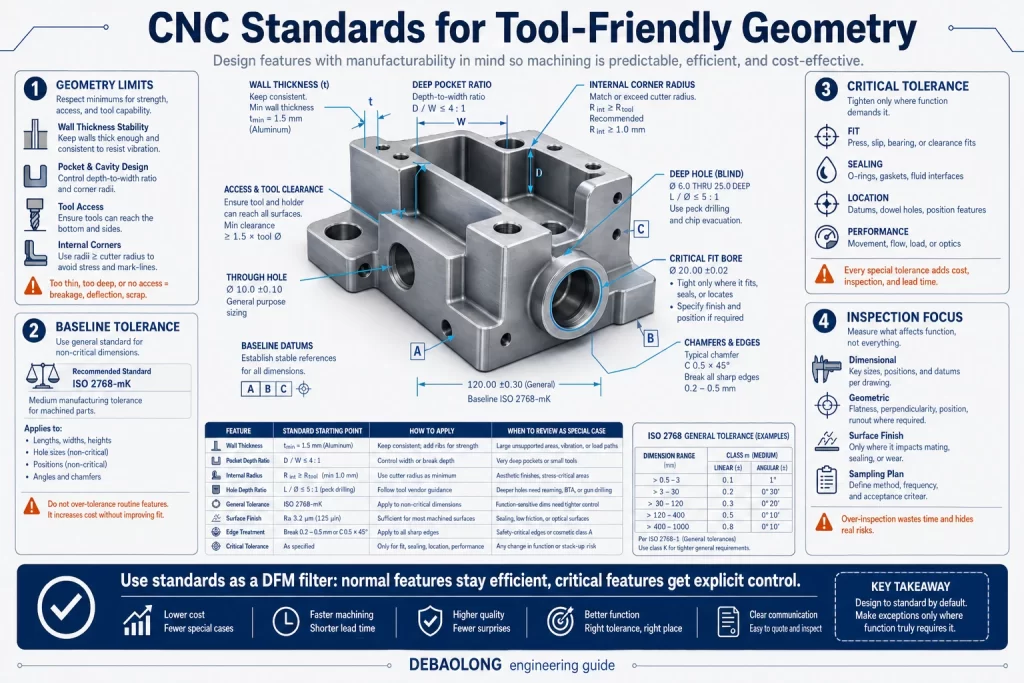 CNC standards infographic showing tool friendly geometry wall thickness pocket depth internal radii hole planning tolerance strategy and inspection expectations