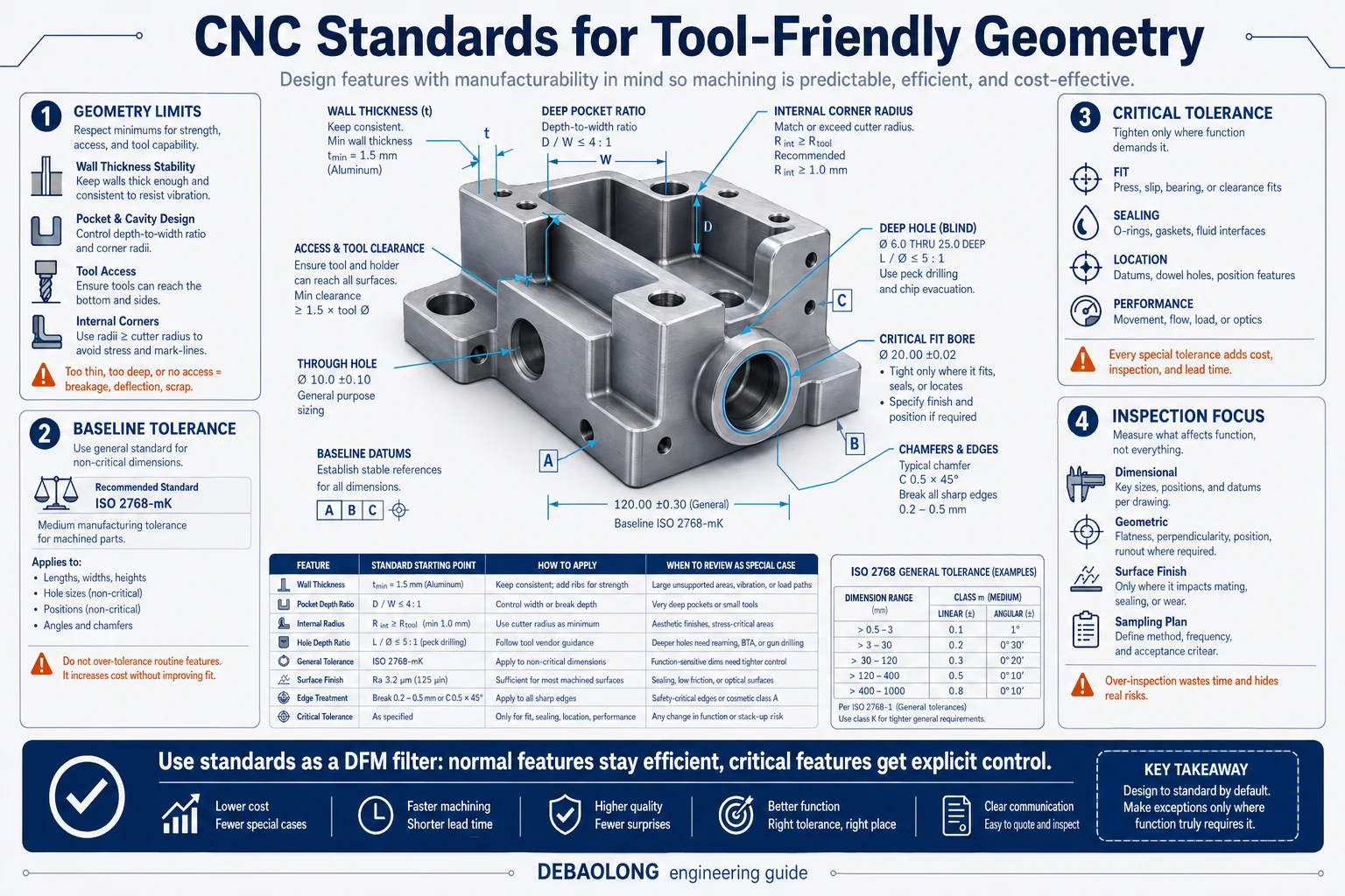 CNC standards infographic showing tool-friendly geometry, wall thickness, pocket depth, internal radii, hole planning, tolerance strategy, and inspection expectations.