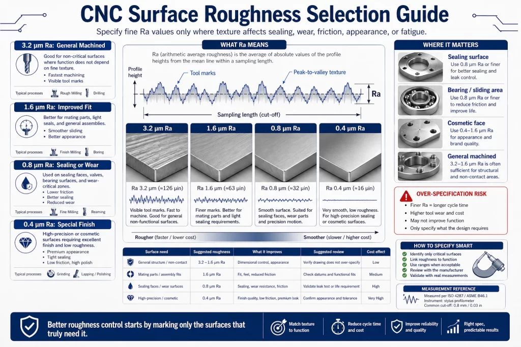 CNC surface roughness selection guide showing Ra surface profiles machined texture samples sealing surfaces bearing surfaces cosmetic faces over specification risk and cost impact