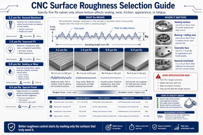 CNC surface roughness selection guide showing Ra surface profiles, machined texture samples, sealing surfaces, bearing surfaces, cosmetic faces, over-specification risk, and cost impact.