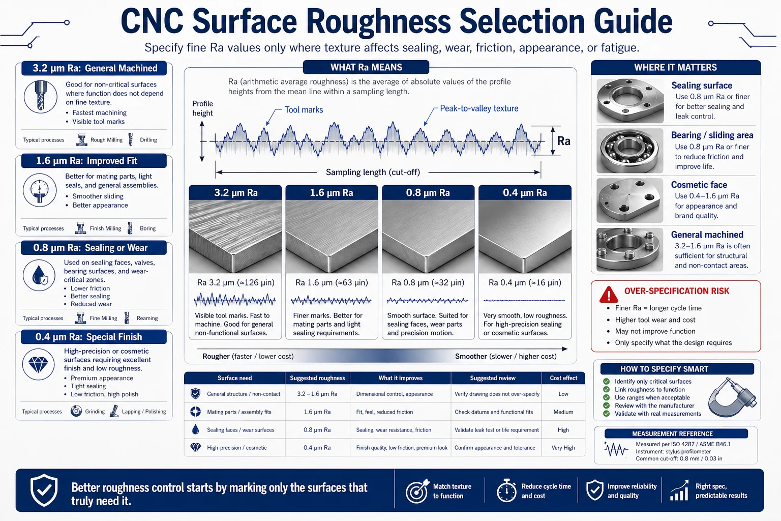 CNC surface roughness selection guide showing Ra surface profiles, machined texture samples, sealing surfaces, bearing surfaces, cosmetic faces, over-specification risk, and cost impact.