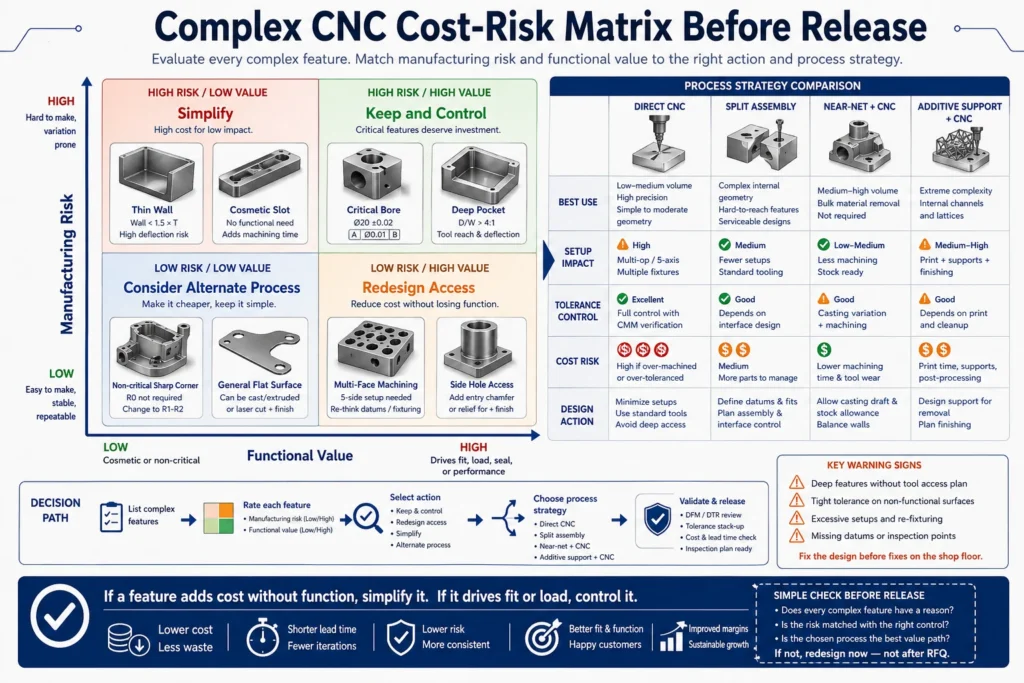 Complex CNC cost-risk decision map comparing manufacturing risk, functional value, direct CNC, split assembly, near-net plus CNC, and additive support plus CNC strategies.