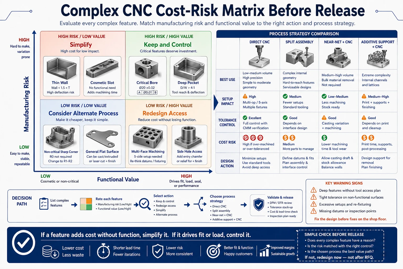 Complex CNC cost-risk decision map comparing manufacturing risk, functional value, direct CNC, split assembly, near-net plus CNC, and additive support plus CNC strategies.