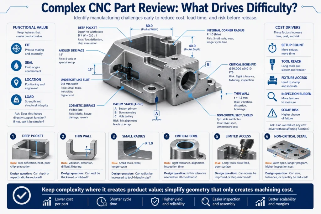 Complex CNC part review infographic showing deep pockets, thin walls, small internal radii, critical bores, datum stack, limited access, and cost drivers.