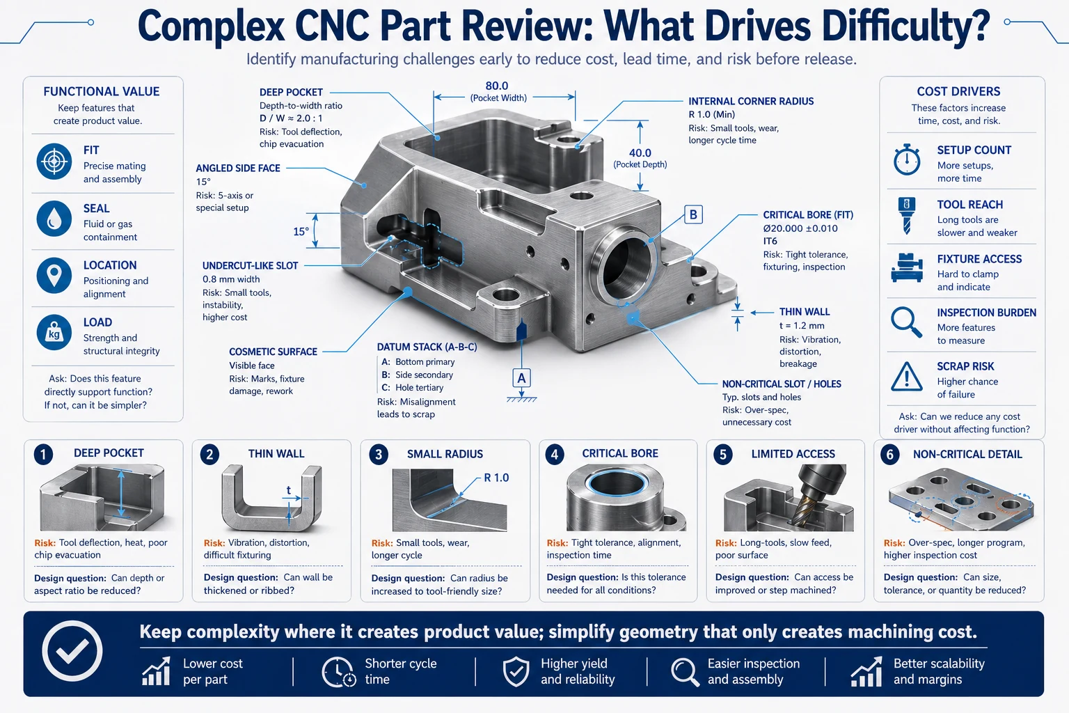 Complex CNC part review infographic showing deep pockets, thin walls, small internal radii, critical bores, datum stack, limited access, and cost drivers.
