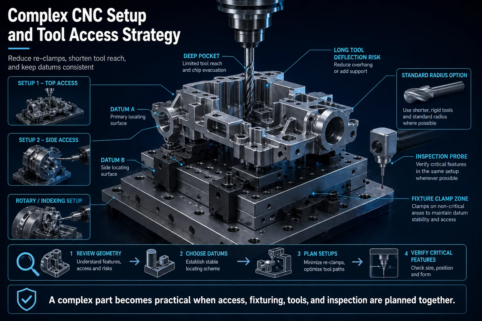 Complex CNC setup and tool access strategy render showing datums, fixture clamp zones, deep pocket machining, long tool deflection risk, rotary setup, and inspection probe.