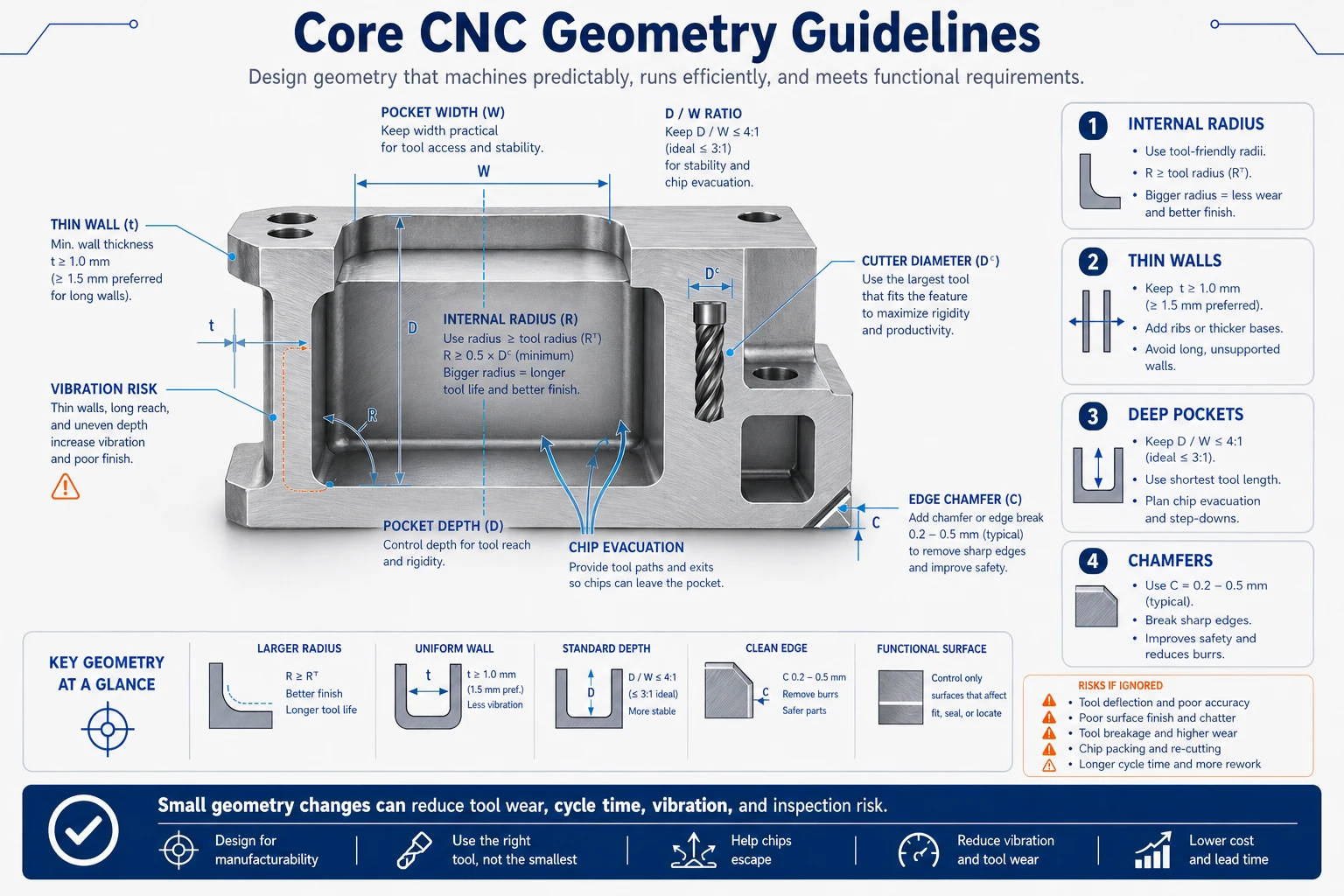 Core CNC geometry guidelines infographic showing internal radius, pocket depth ratio, wall thickness, cutter diameter, chamfer edge, chip evacuation, vibration risk, and functional surfaces.