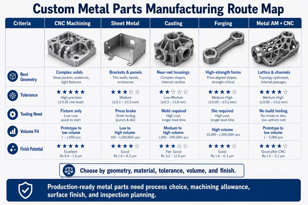 Custom metal parts manufacturing route map comparing CNC machining sheet metal casting forging and metal additive plus CNC by geometry tolerance tooling need volume fit and finish potential