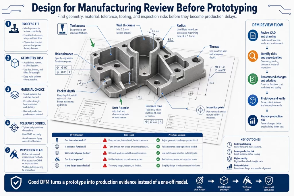 Design for manufacturing review before prototyping infographic showing tool access wall thickness radius hole tolerance pocket depth draft tolerance zones inspection points material choice and production risk reduction