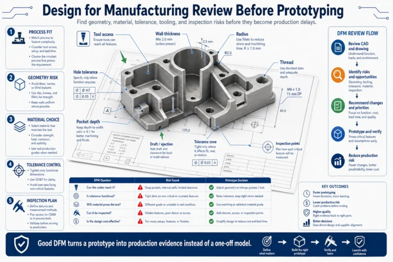 Design for manufacturing review before prototyping infographic showing tool access, wall thickness, radius, hole tolerance, pocket depth, draft, tolerance zones, inspection points, material choice, and production risk reduction.