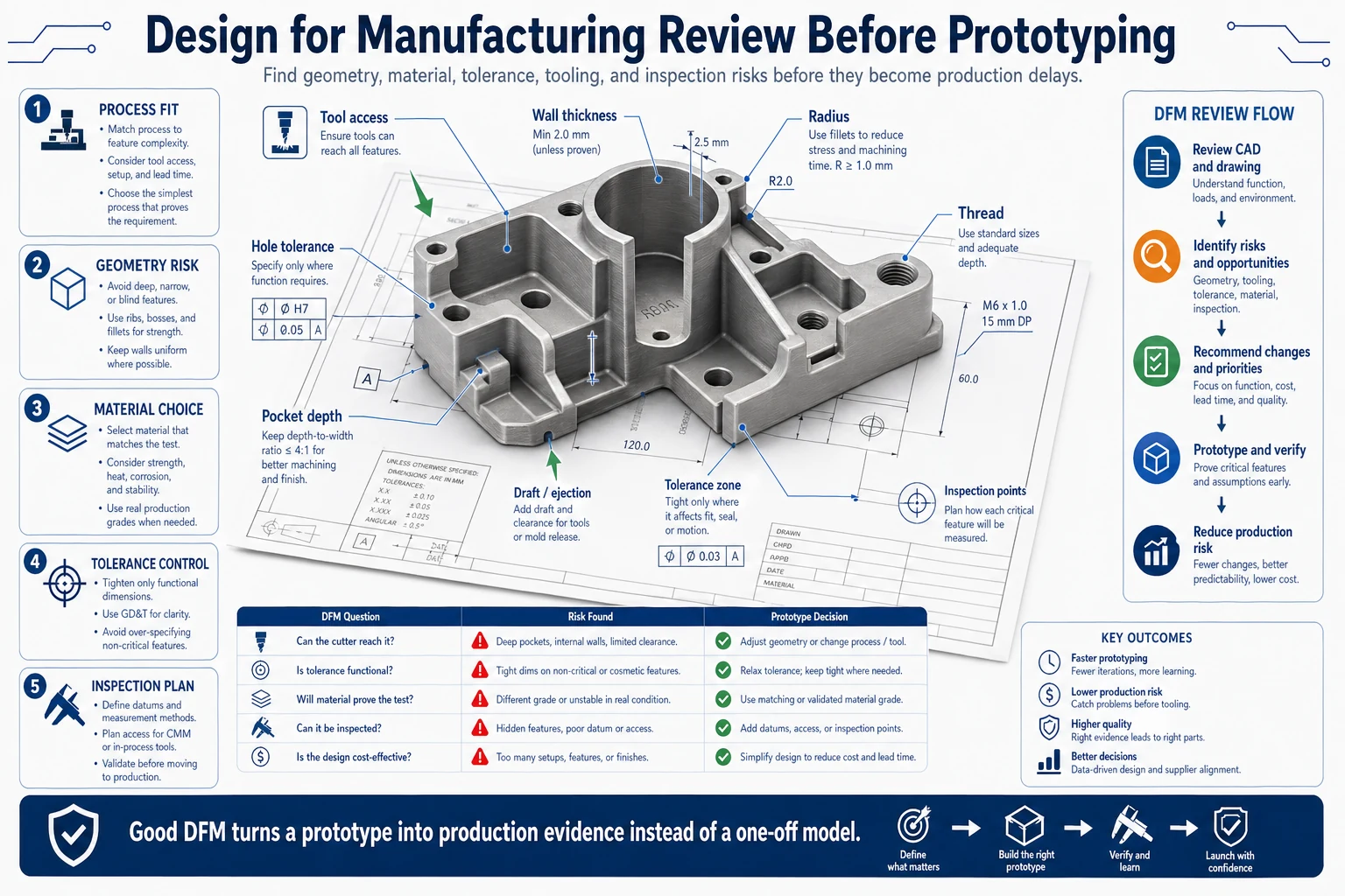 Design for manufacturing review before prototyping infographic showing tool access, wall thickness, radius, hole tolerance, pocket depth, draft, tolerance zones, inspection points, material choice, and production risk reduction.