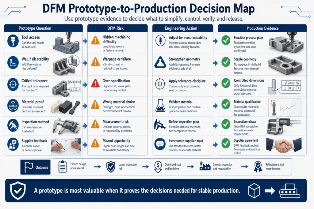 DFM prototype-to-production decision map showing prototype questions, DFM risks, engineering actions, and production evidence for tool access, wall stability, tolerance control, material proof, inspection, and supplier feedback.