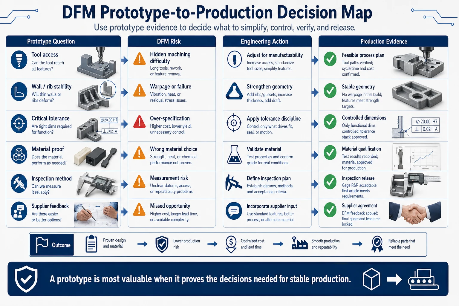 DFM prototype-to-production decision map showing prototype questions, DFM risks, engineering actions, and production evidence for tool access, wall stability, tolerance control, material proof, inspection, and supplier feedback.