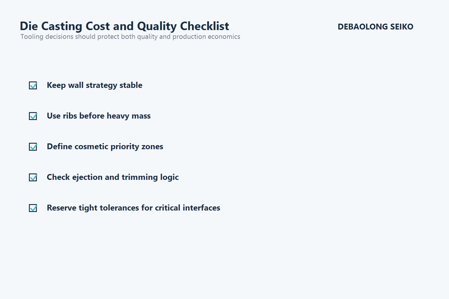 Die casting checklist for balancing tooling cost, quality and release logic.