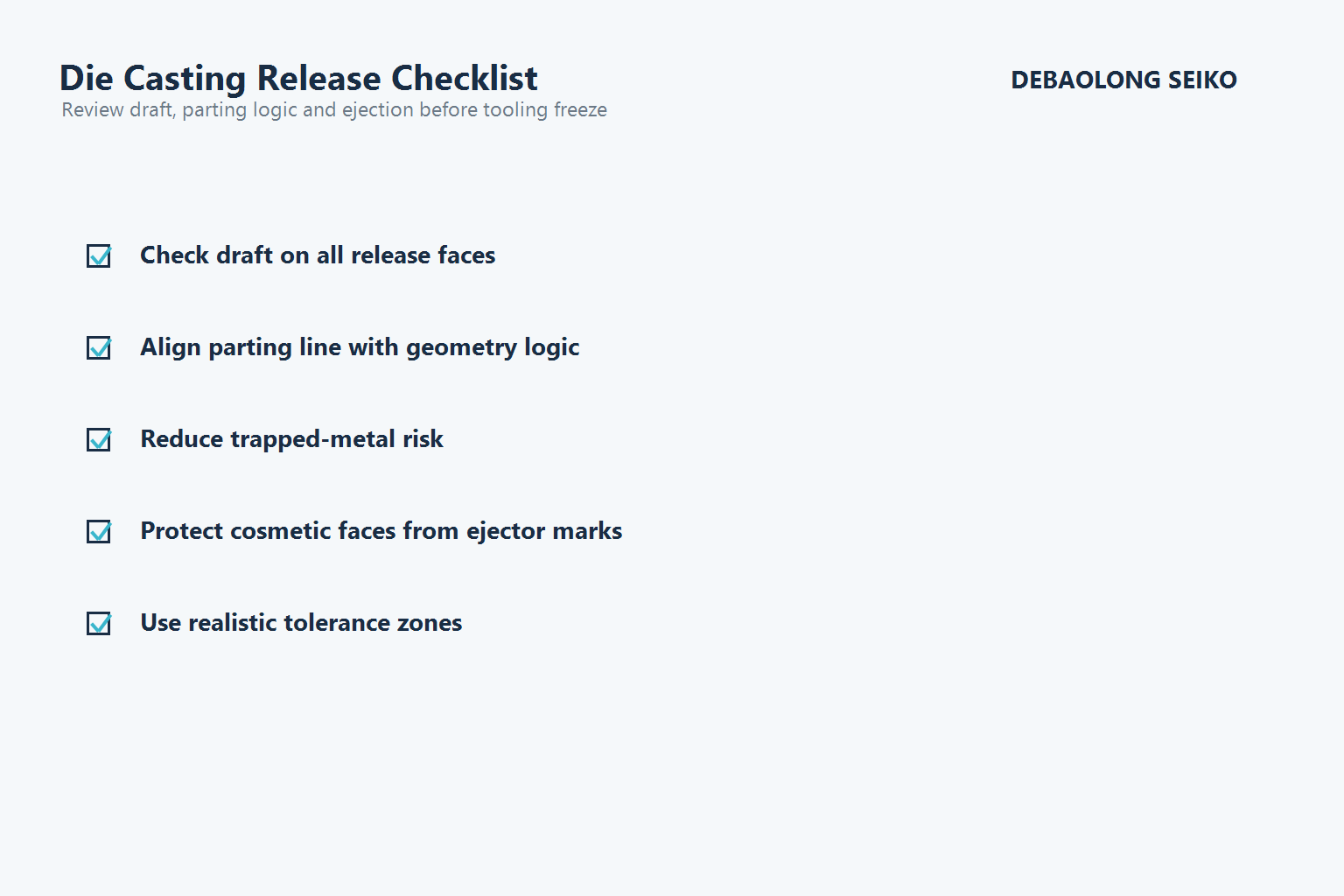 Die casting release checklist covering draft, parting line and ejection planning.