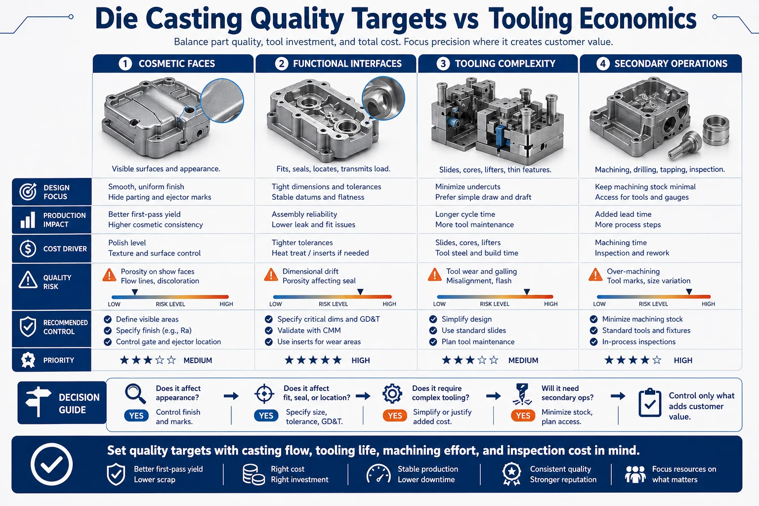 Die casting quality targets versus tooling economics infographic comparing cosmetic needs, tolerance control, machining allowance, material flow, and production volume.