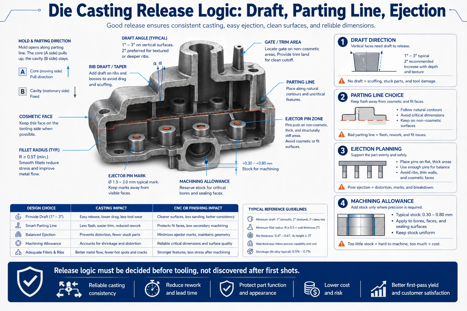 Die casting release logic infographic showing draft angle, parting line, ejection direction, rib design, wall balance, and tooling release planning.