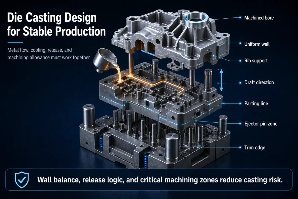 Die casting design render showing metal flow uniform walls rib support draft direction parting line ejection planning and stable production guidance