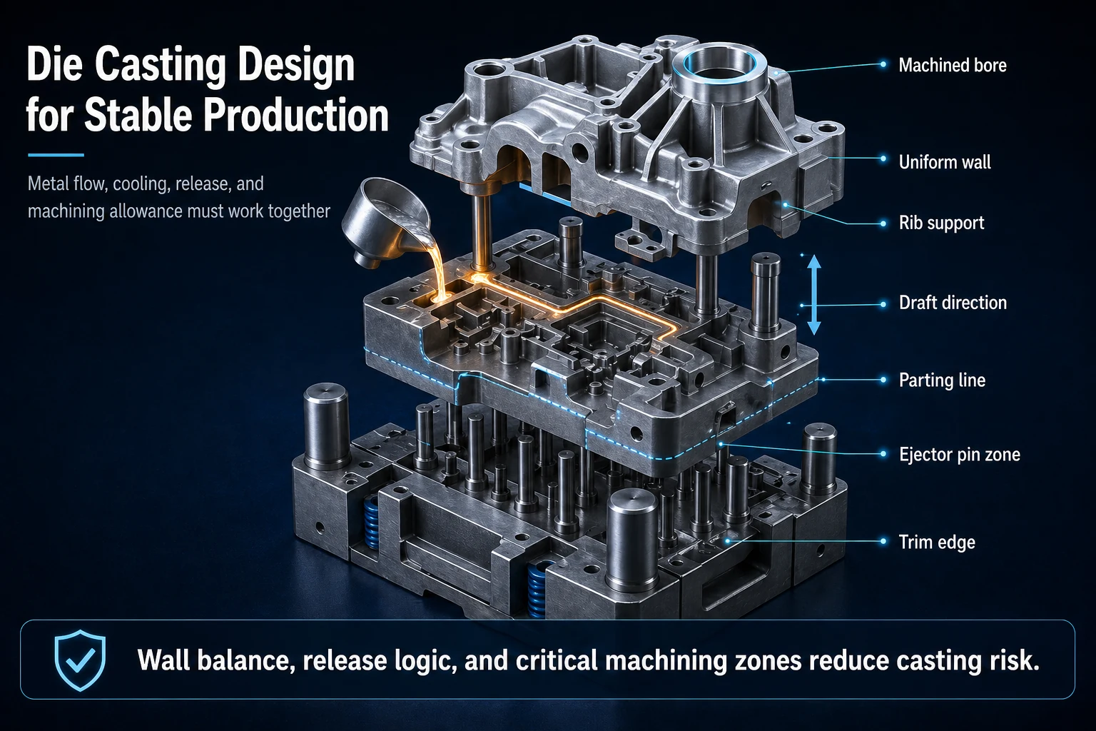 Die casting design render showing metal flow, uniform walls, rib support, draft direction, parting line, ejection planning, and stable production guidance.