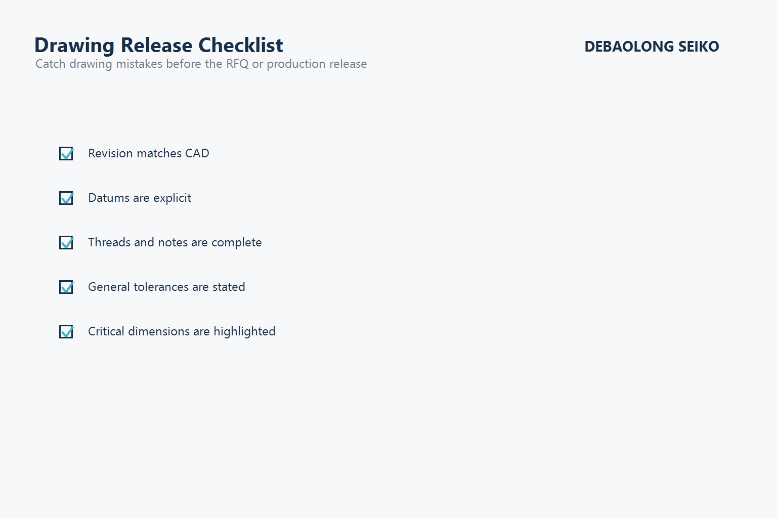 Checklist for releasing CNC technical drawings.