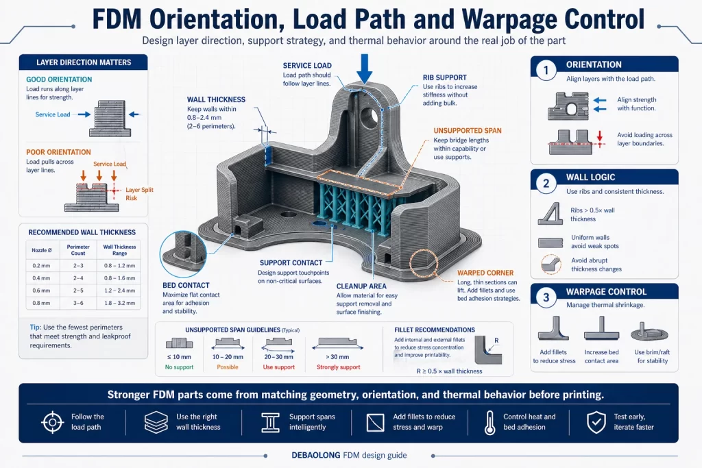 FDM orientation load path and warpage control infographic showing layer direction load path shell thickness support strategy warping risk and stronger printed part design