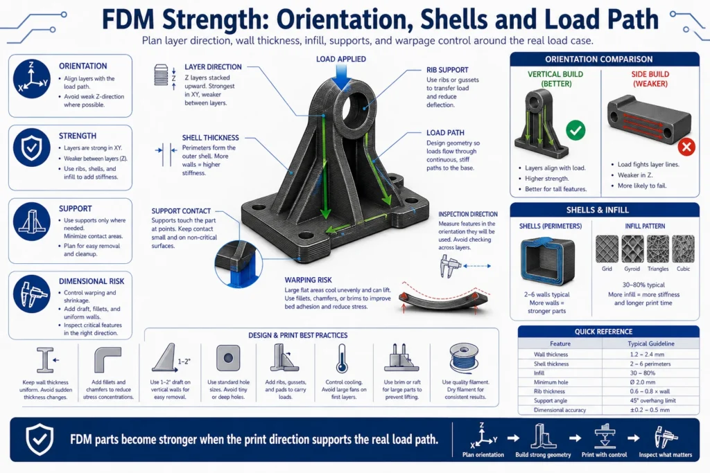 FDM strength diagram showing orientation, shell thickness, load path, layer direction, infill pattern, support contact, warping risk, ribs, and inspection direction for stronger printed parts.