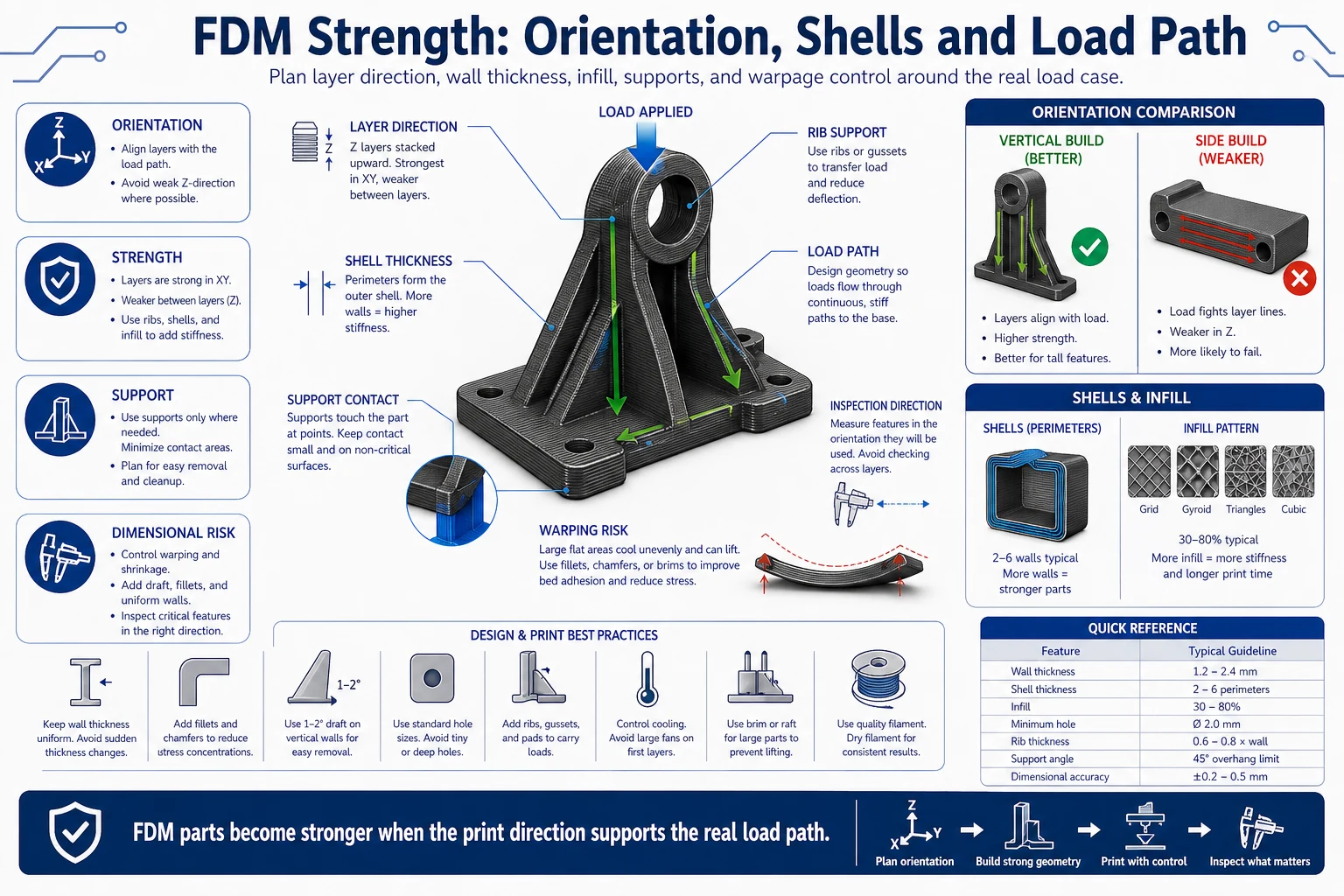 FDM strength diagram showing orientation, shell thickness, load path, layer direction, infill pattern, support contact, warping risk, ribs, and inspection direction for stronger printed parts.