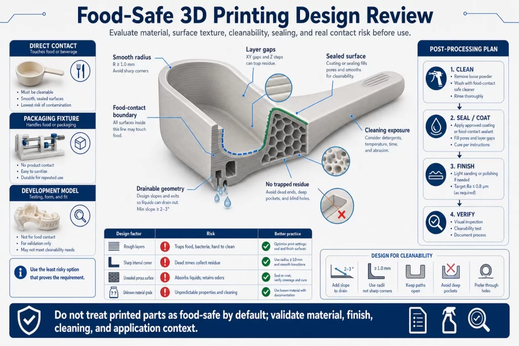 Food safe 3D printing design review diagram showing layer gaps porosity risk smooth radius sealed surface drainable geometry food contact boundary cleaning exposure and validation planning